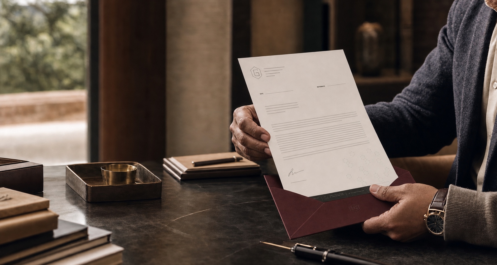 A recipient privately reading a custom duplex A4 letter