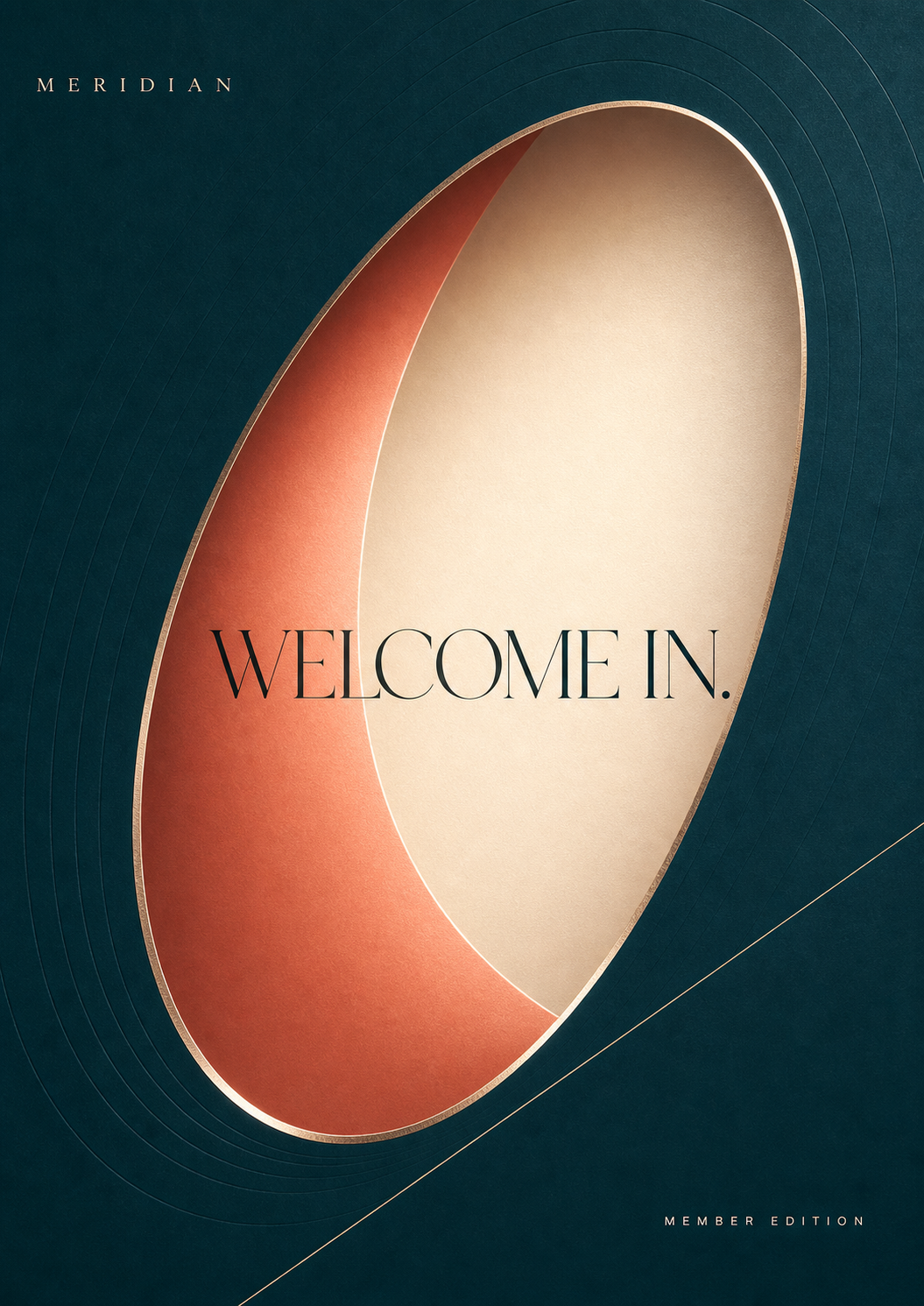 Meridian member-edition artwork with a luminous coral and ivory threshold and the line Welcome in