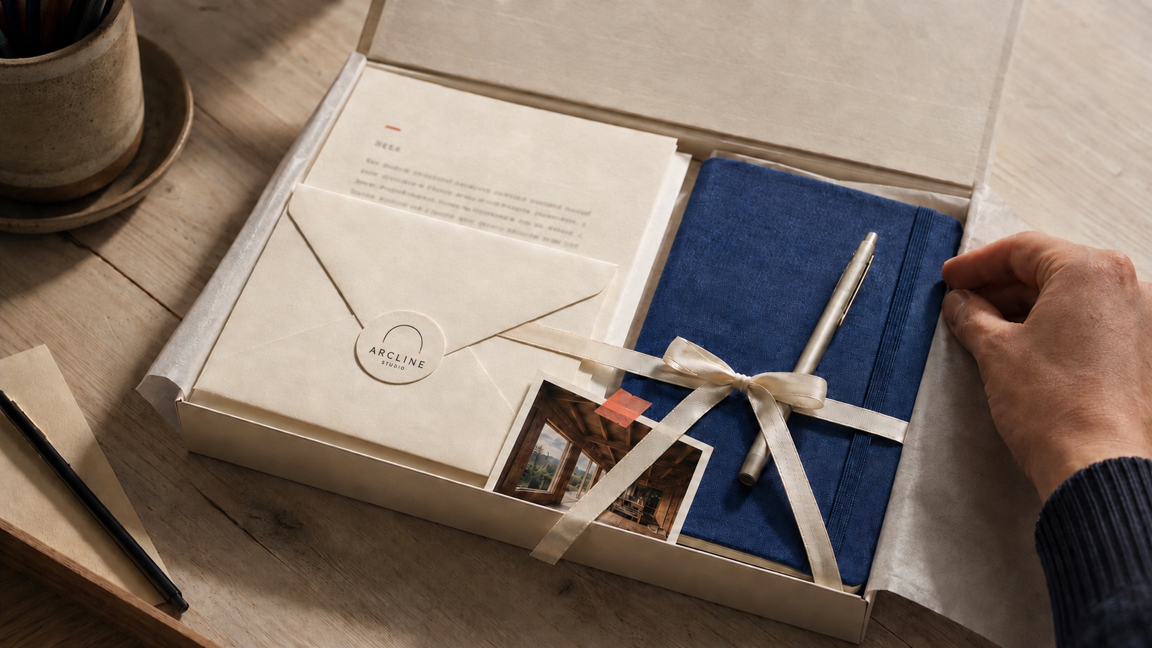 A personal letter, blue notebook, pen, and project photograph arranged inside a presentation box.