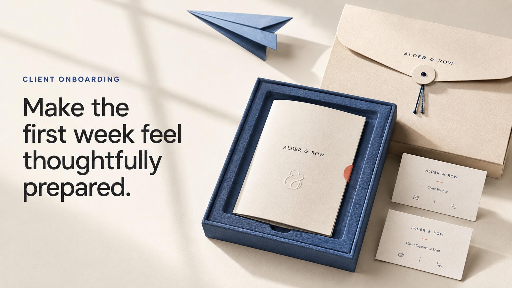 An Alder & Row client onboarding kit beside the headline Make the first week feel thoughtfully prepared.